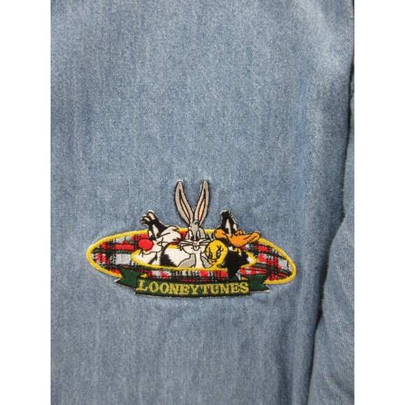 VINTAGE Looney Tunes Shirt Large Bugs Taz Daffy Warner Bros 90s Denim - Picture 5 of 13